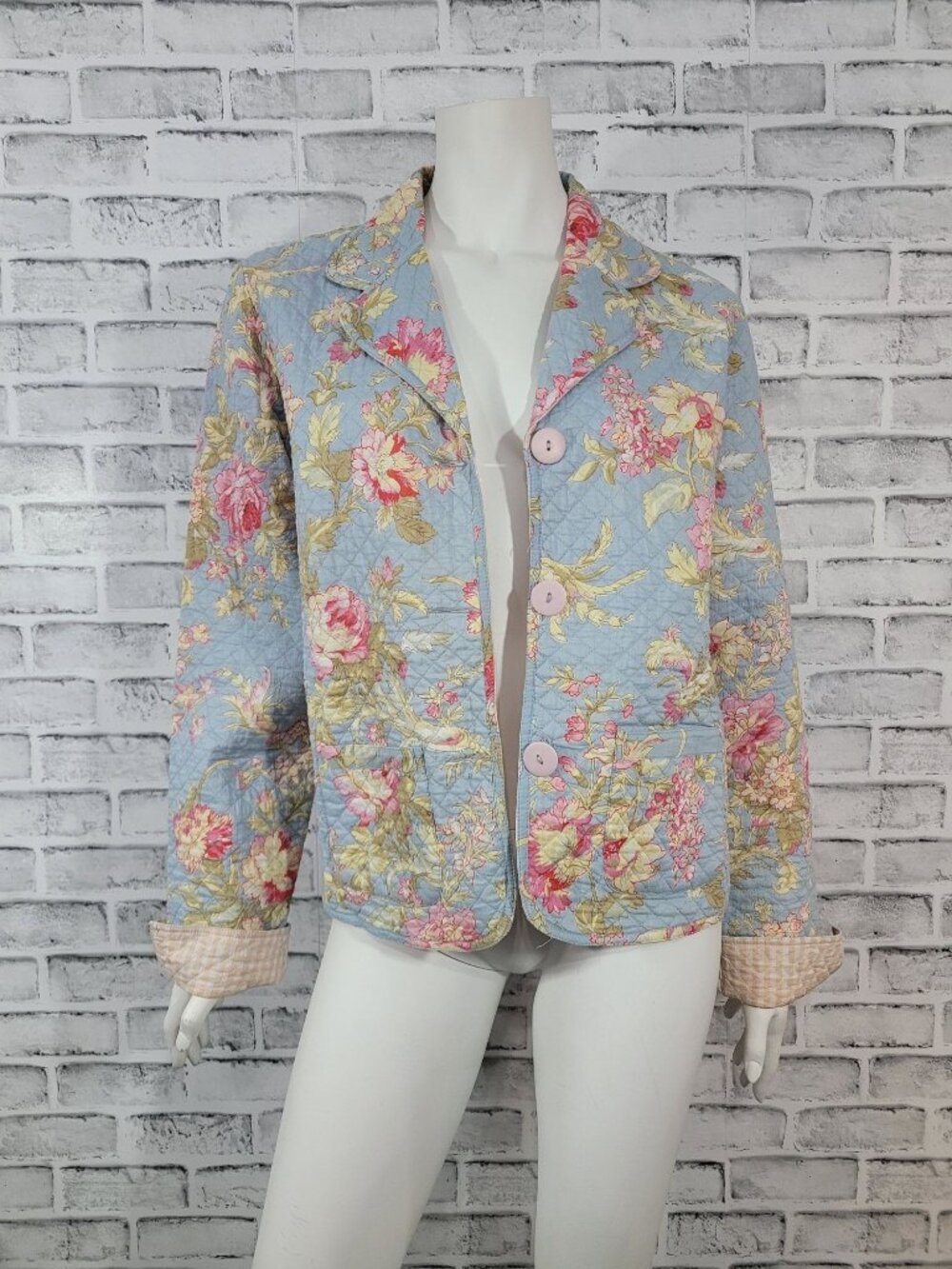 Orvis Quilted Cardigan Jacket Blue Floral Reversible Gingham Grandma Large READ